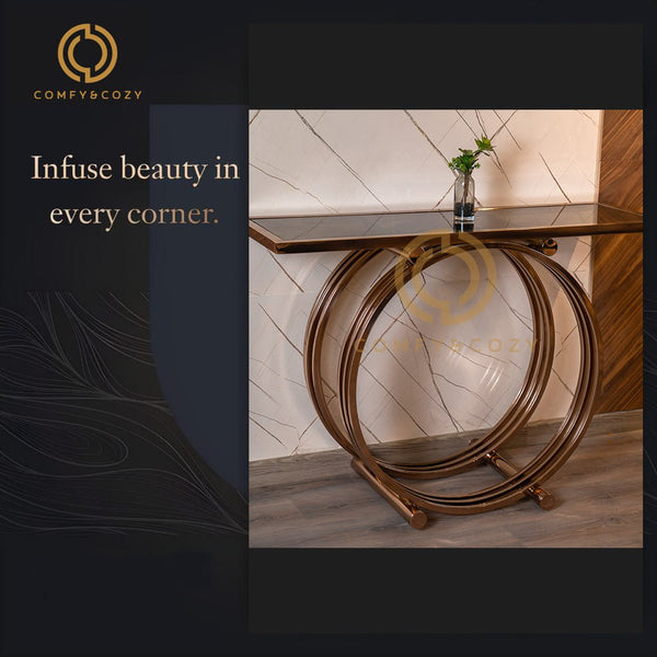 Modern Console Table with Bronze Circular Frame and Glass Top