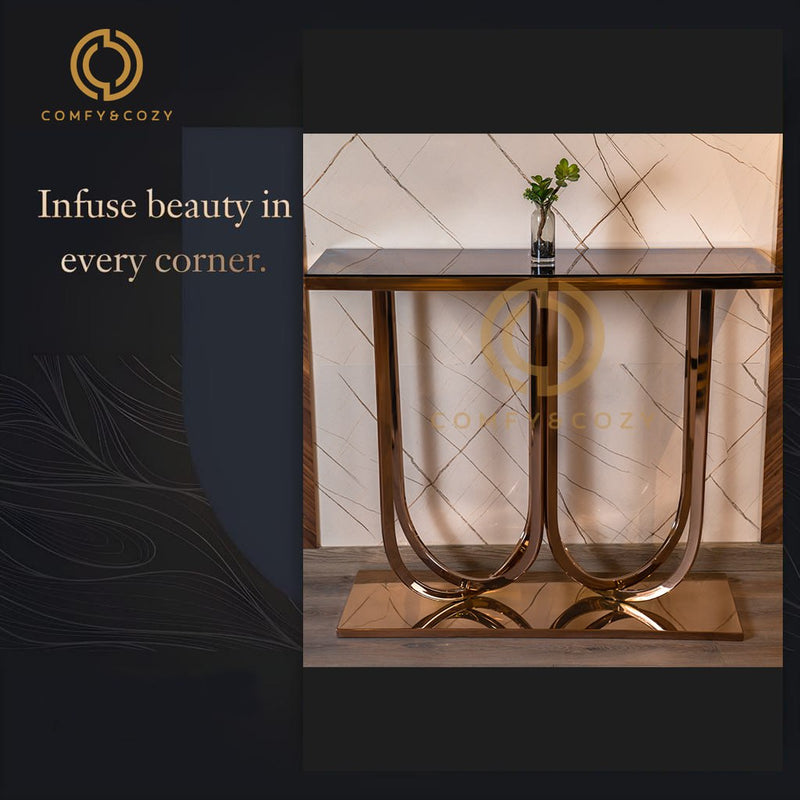 Luxury Console Table with Bronze U-Shaped Base and Glass Top