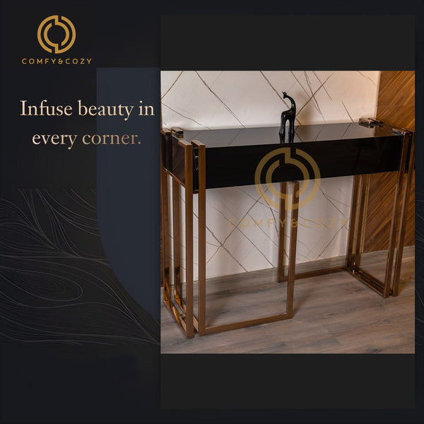 Modern Console Table with Black Glass Top and Gold Geometric Frame