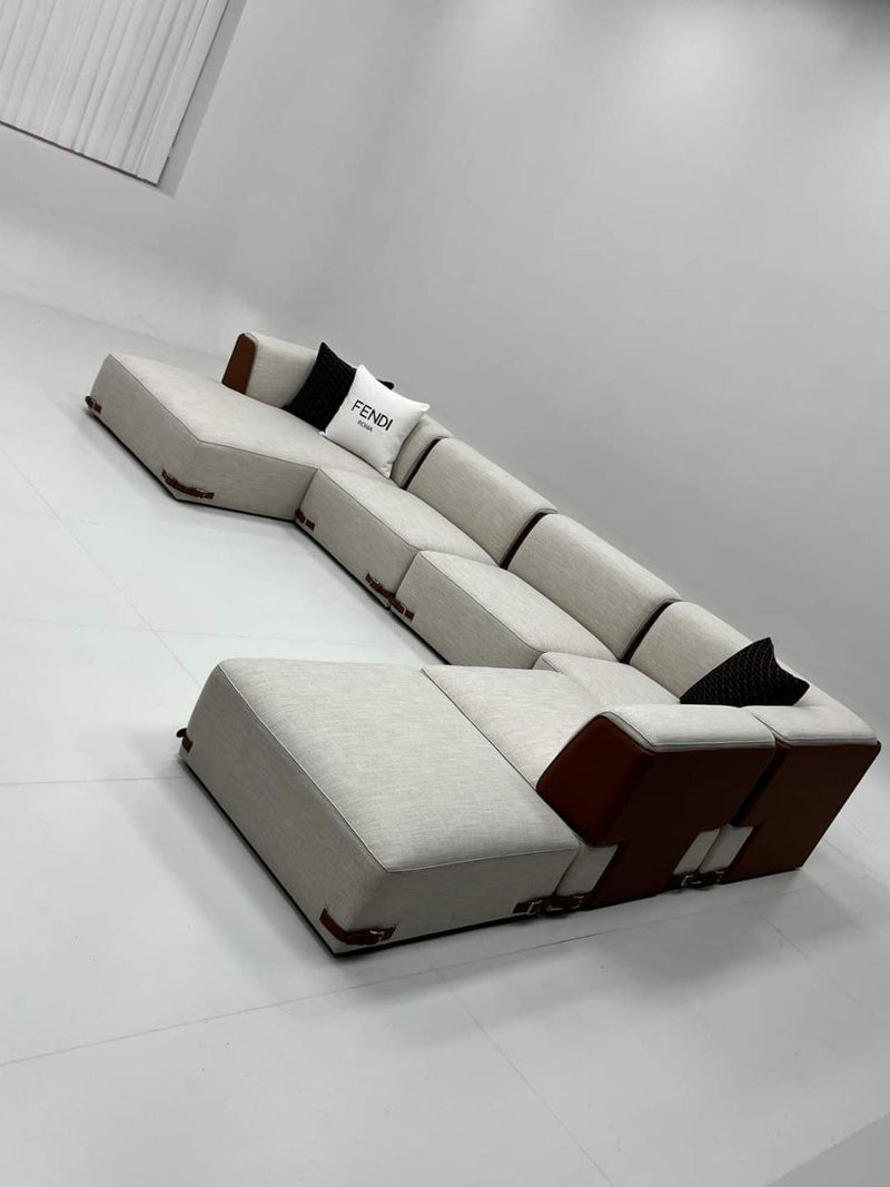 L-Shaped Sofa with Romanian Beech Wood and Turkish Linen Upholstery