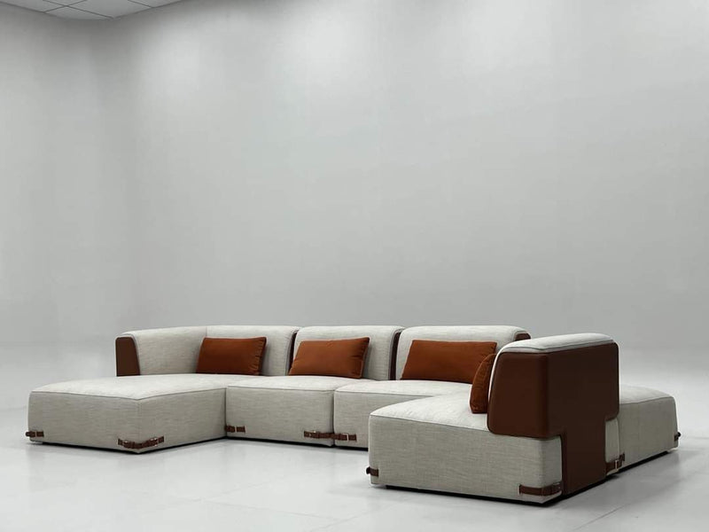 L-Shaped Sofa with Romanian Beech Wood and Turkish Linen Upholstery